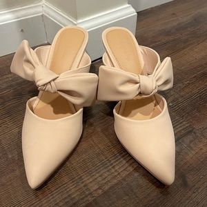 PiePieBuy Bow Mules Mid Heel Slip On Backless Stiletto Heel Comfy Slide Mules